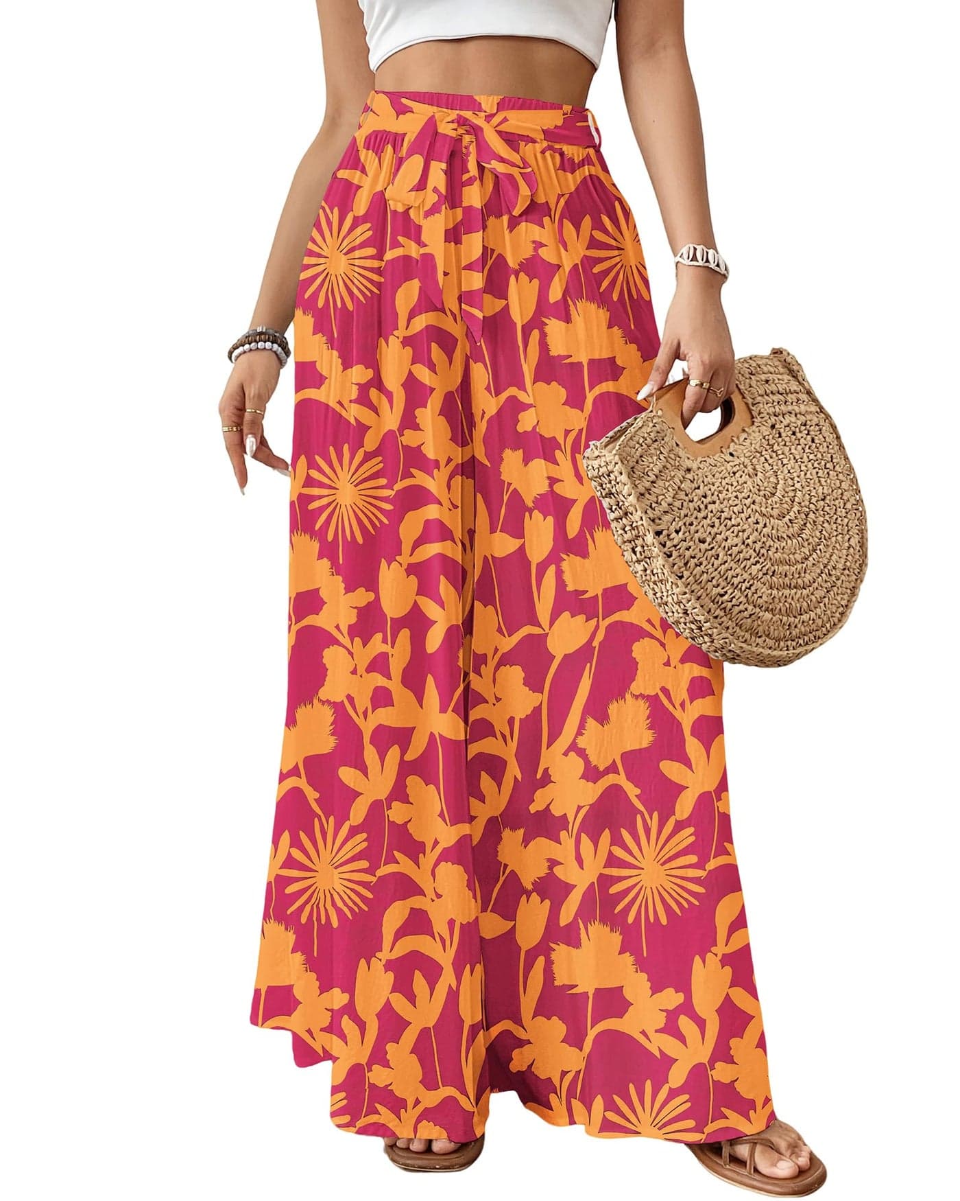 Bsubseach Wide Leg Pants Woman Flowy Floral Palazzo Pants for Women High Waisted Summer Casual Trousers Cruise Outfits Orange and Red S