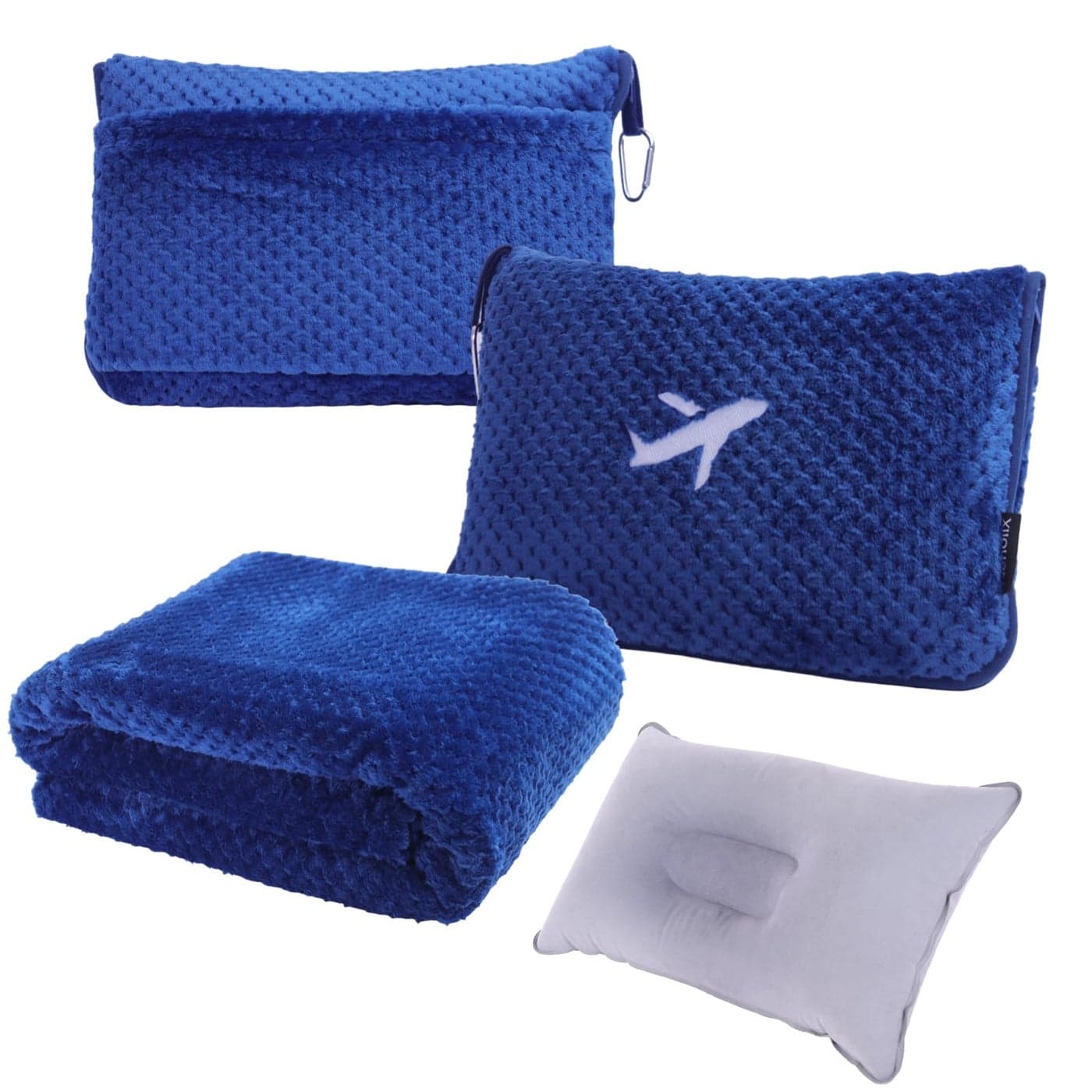 Nenolix 3 in 1 Travel Blanket Pillow Set 350 GSM Thick Travel Blanket Airplane Compact with Bag Soft Bag with a Pocket Inflatable Travel Pillow for Camping Car Trip Royal Blue