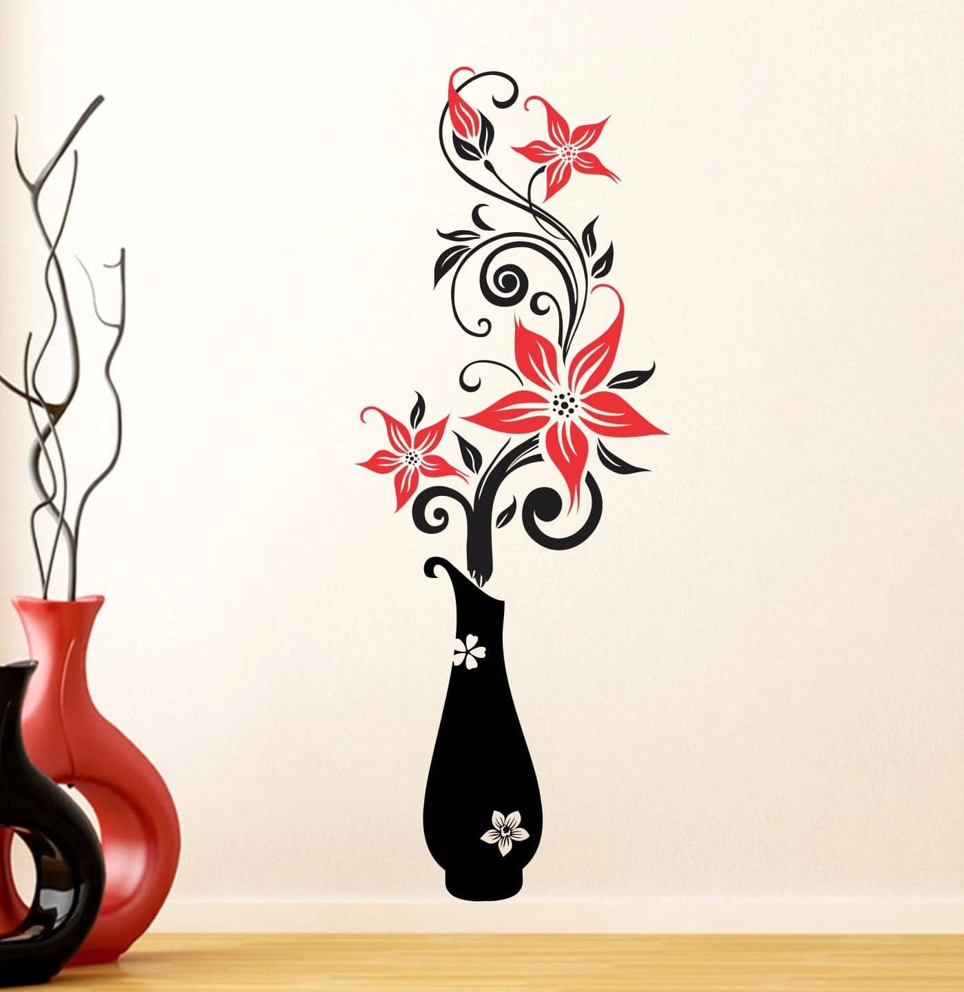 Decals Creation™ 'Red Flowers with Vase ' Wall Sticker (PVC Vinyl, 112 cm x 48 cm)