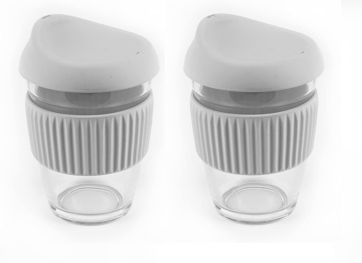 we3 Glass Tumbler to Go, Reusable Coffee & Tea Cup, Insulated, Clear Travel Mug with Anti-Splash Silicone Lid and Non-Slip Sleeve, 300ml Grey Pack of 2