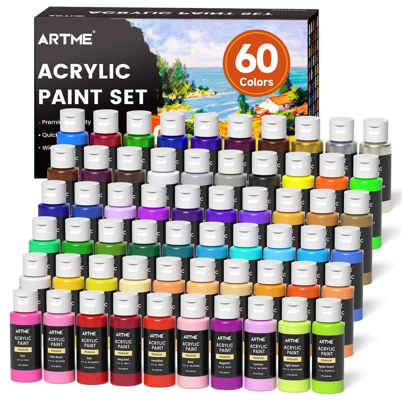 ARTME Acrylic Paint Set 60 Colors in 2oz60ml Bottles Non Toxic Waterproof Rich Pigments Acrylic Paint for Artists Students Beginners Painting on Rocks Canvas Wood Clay Fabric Ceramic Crafts