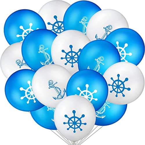 Gejoy 50 Pieces Nautical Print Latex Balloons Set Nautical Party Decorations Balloons and Silver Ribbons for Navigation Themed Birthday Baby Shower Party Favor Supplies