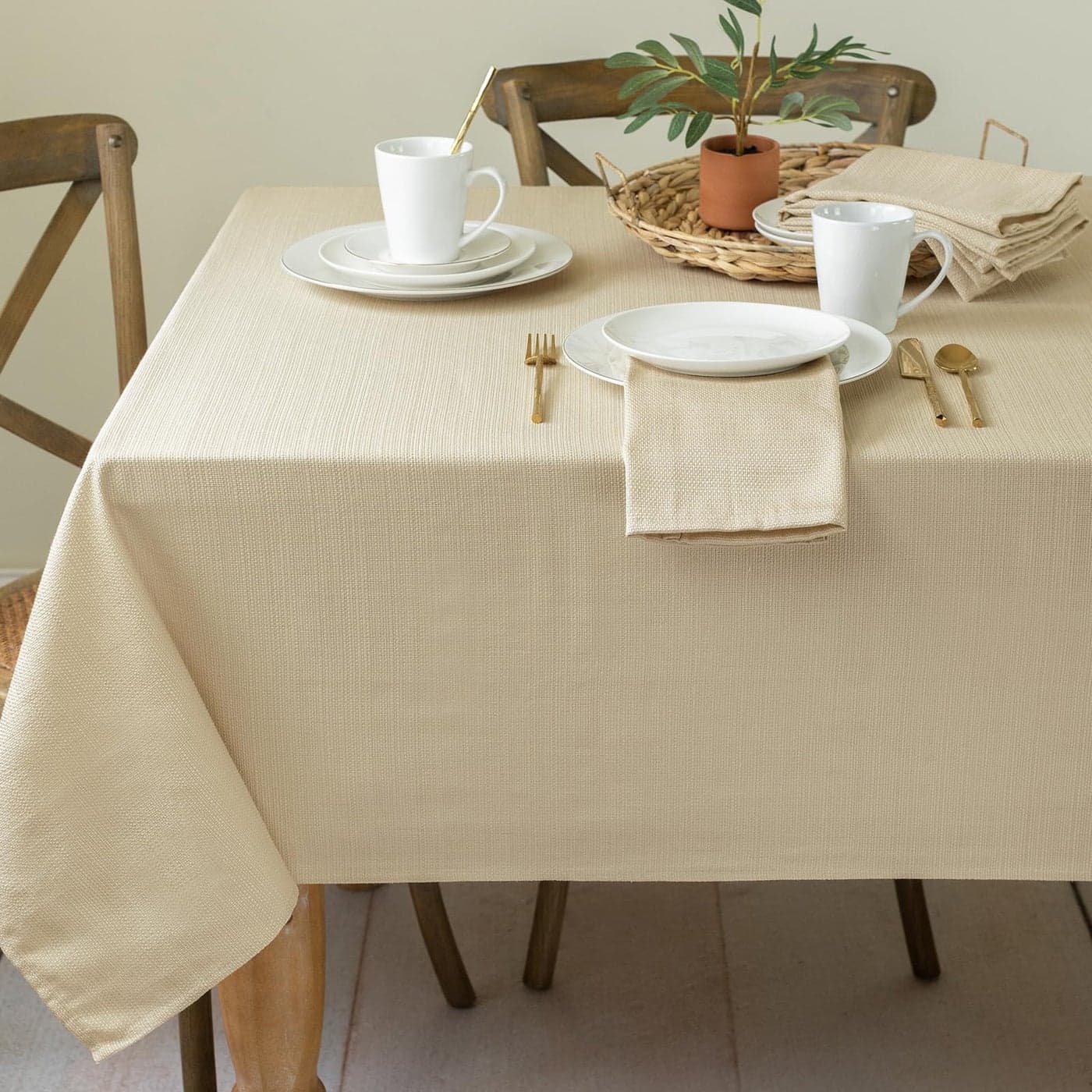 Benson Mills Cameron Textured Fabric Table Cloth for Everyday Home Dining Parties Weddings Holiday Tablecloths 52 x 70 Rectangular FlaxBeigeTaupe