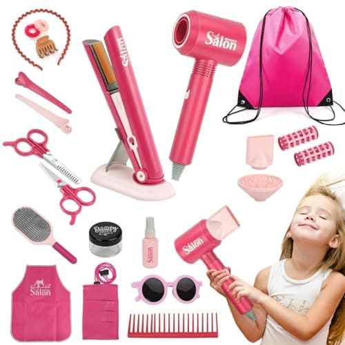 23 Pcs Hair Salon Girls Toys Kids Pretend Play Toys Toddler Dress Up Beauty Salon Set Stylist Kit with Hairdryer Flat Apron Scissors Curling Accessories Girl Gifts with Storage Bag