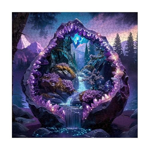 Fantasy Crystal Cave Landscape Puzzle for Adults 1000 Piece Gem Waterfall Mountain Jigsaw Puzzle Purple Nature Forest Scenic Puzzle