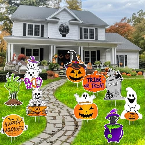 10 PCS Cute Halloween Decorations Outdoor Yard SignsLarge Yard Stakes Signs Pumpkin GhostHalloween Lawn Decoration for Family Friendly Kids Home Party Plastic Halloween Yard Stakes