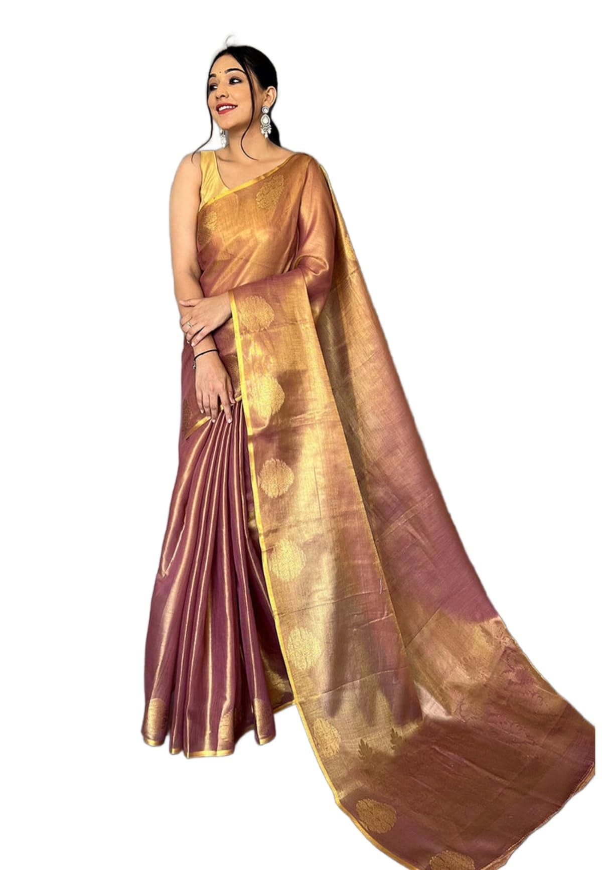 SWORNOF Gold-Toned Woven Design Silk Zari Tissue Saree | Saree for Women | Soft and Skin Friendly (BROWN)