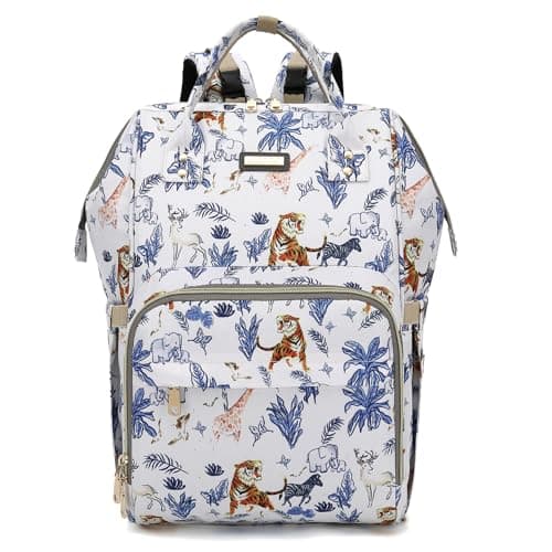Diaper Bag Backpack Diaper Bags for Baby Girls Boys Baby Bags for Moms Dads Nappy Changing Bag with Insulated PocketsMultifunctional Waterproof Backpack with Stroller strapsAnimal World White