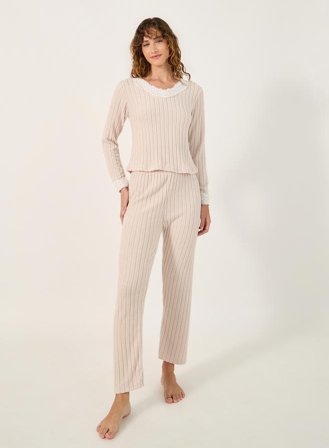 Ribbed Brushed Lace Trim Top And Pyjama Pants Set
