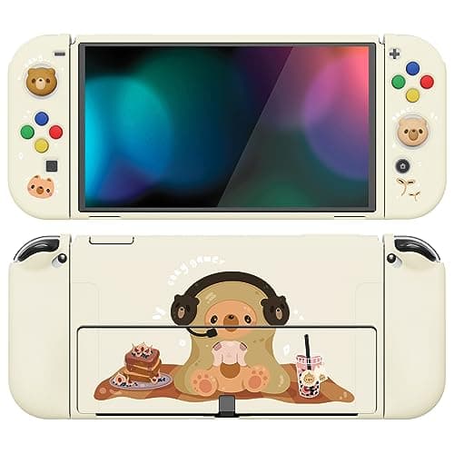 PlayVital ZealProtect Soft Protective Case for Nintendo Switch OLED, Flexible Protector Joycon Grip Cover for Nintendo Switch OLED w/Thumb Grips & ABXY Direction Button Cap - Cozy Gamer Bear