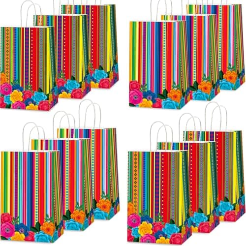 12pcs Mexican Fiesta Party Favor Bags Mexican Treat Bags Fifth De Mayo Candy Bag Floral Stripes Gift Goodie Bag for Flowers Birthday Party Taco Wedding Baby Shower Supplies Decorations 473158inch