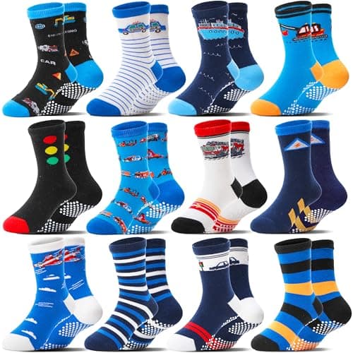 Welwoos Baby Boys Grips Socks Kids Toddlers Infants Non Slip Anti Skid Funny Animal Cartoon Gift Cotton Truck Socks with Grippers 12 Pairs Stocking Stuffers (Cars,9-14 Y)