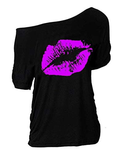MAGICMK Women Casual Plus Size Lips Print Off Shoulder T-Shirt (L, Black+Purple)