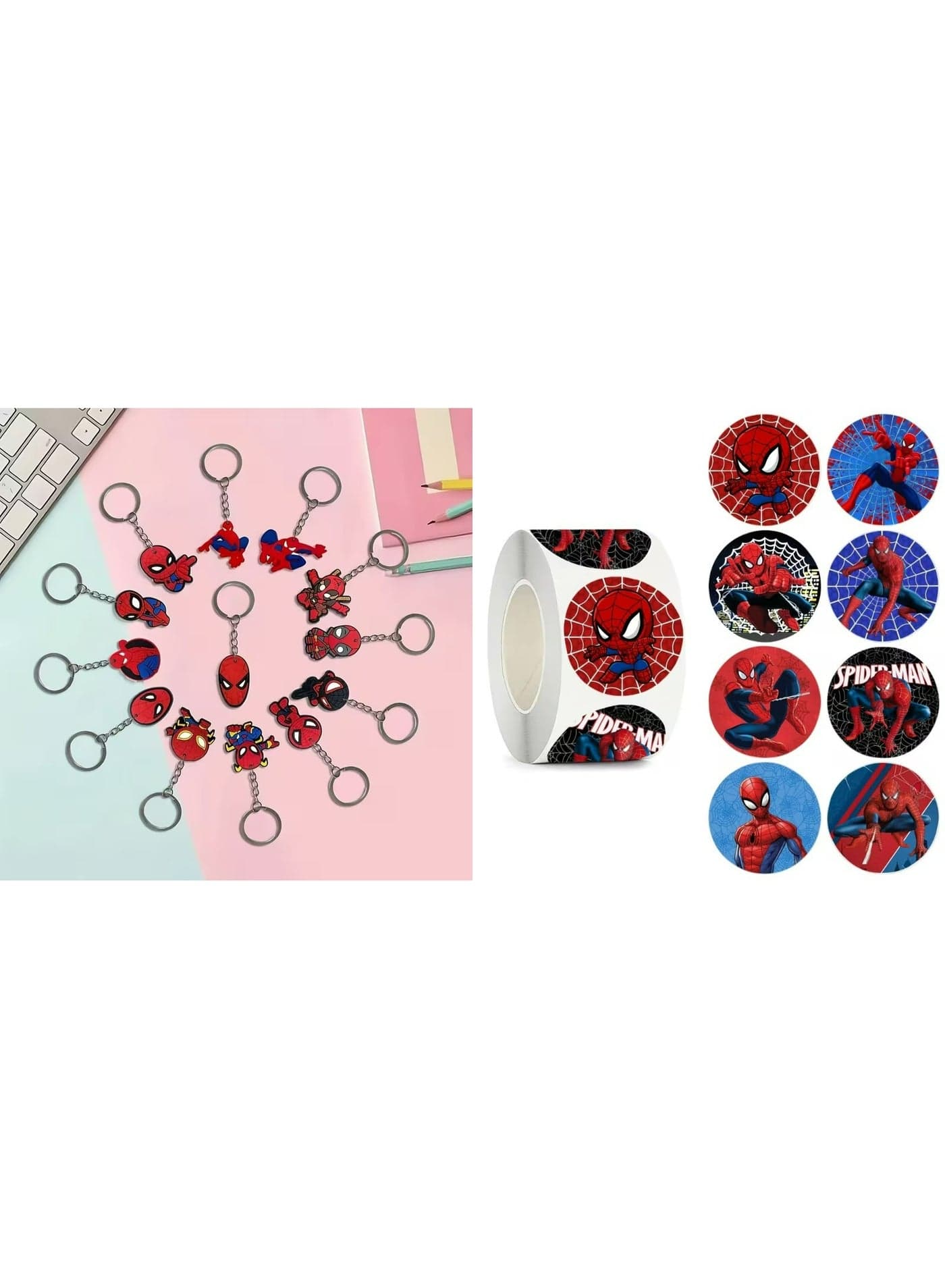 Spiderman themed party favors set with a 500 pcs sticker roll and 13 pcs keychains great fro return gifts party favors birthday party