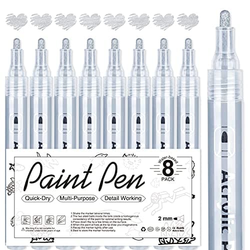 AKARUED Silver Acrylic Paint Markers 8 Pack Acrylic Silver Paint Pen Sets for Rock Painting Wood Stone Glass Ceramic Paper Drawing Art Projects DIY Crafts WaterBased ink 23mm Medium Tip