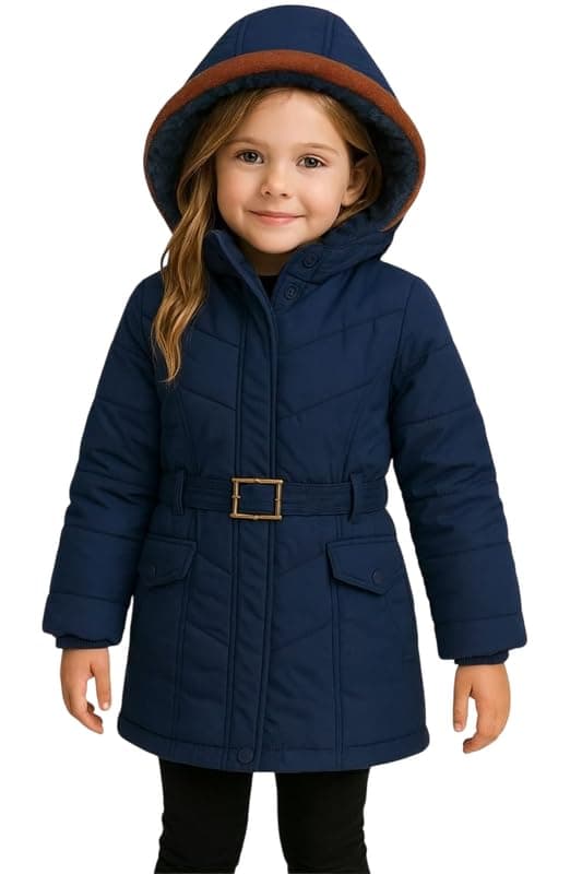Krystle Girls’ Hooded Winter Jacket – Warm Quilted Puffer Coat with Belt, Water-Resistant Outerwear for Cold Weather (Blue,8-9 Years) (Cool Dezine)