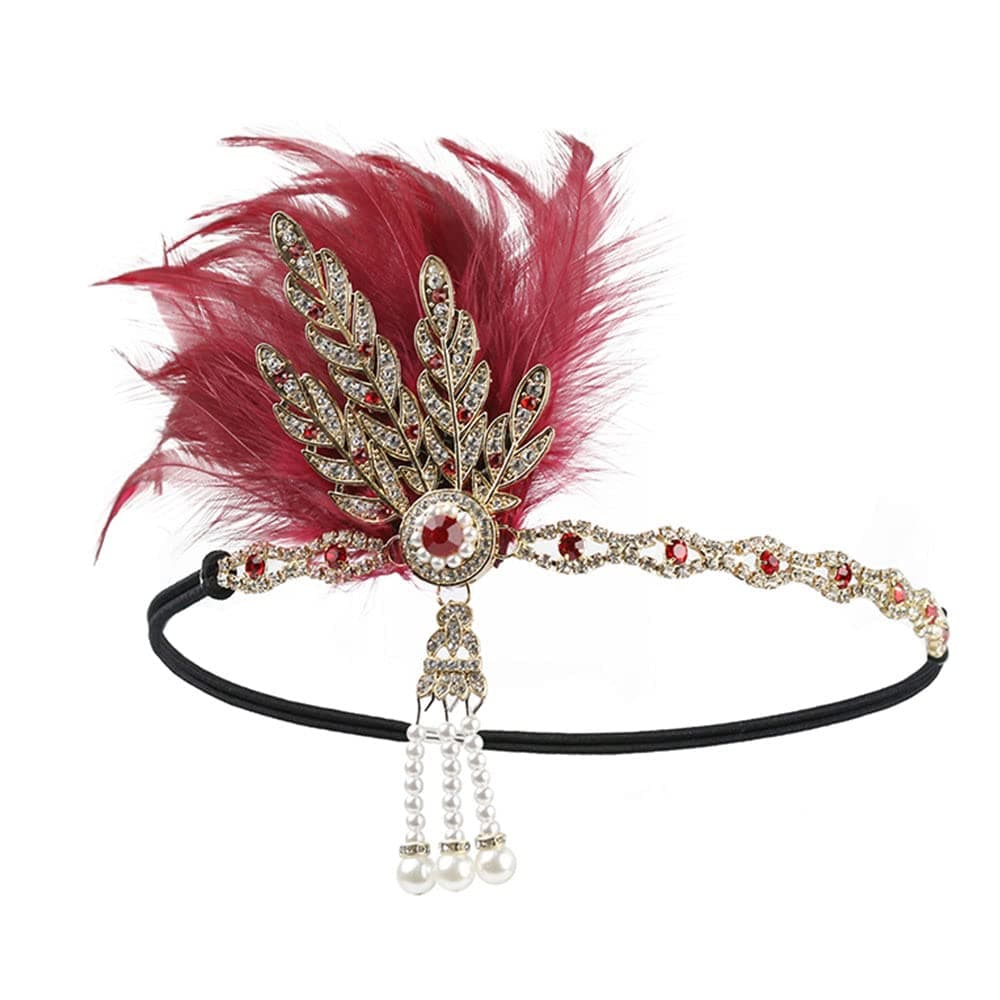 STIOEDYUAN Vintage 1920s Flapper Headband Great Gatsby Feather Headpiece Roaring 20s Leaf Tiara Hair Accessories For Women Red