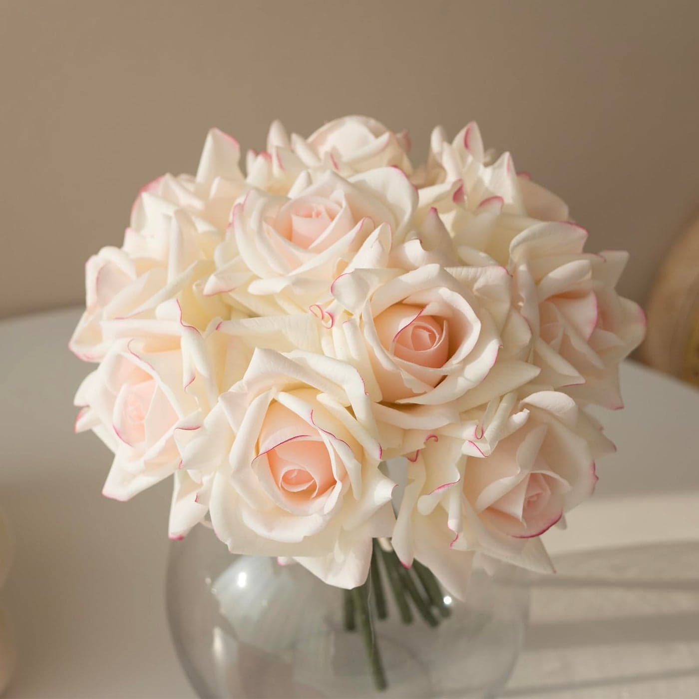 DUYONE Artificial Roses Single Stem 10pcs Fake Silk Flower Arrangement Bouquet Real Touch for Home Party Wedding DecorationPink Edge