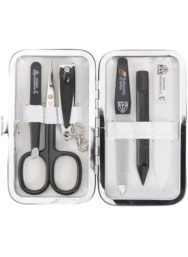 Brand Quality 6 Piece Manicure Pedicure Grooming kit Set - Scissors, Metal and Glass Nail File, Clipper, Tweezers with Synthetic Leather case - White/Black Tools