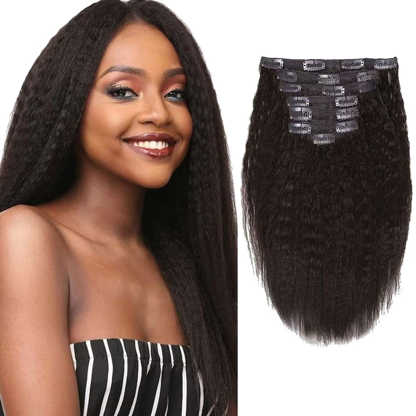 Loxxy Remy Human Hair Kinky Straight Clip in Hair Extensions Black Women Double Weft 100 Virgin Yaki Natural Black Hair Thick End Full Head For African Americans Women 7 Pieces 120Gram 14Inch