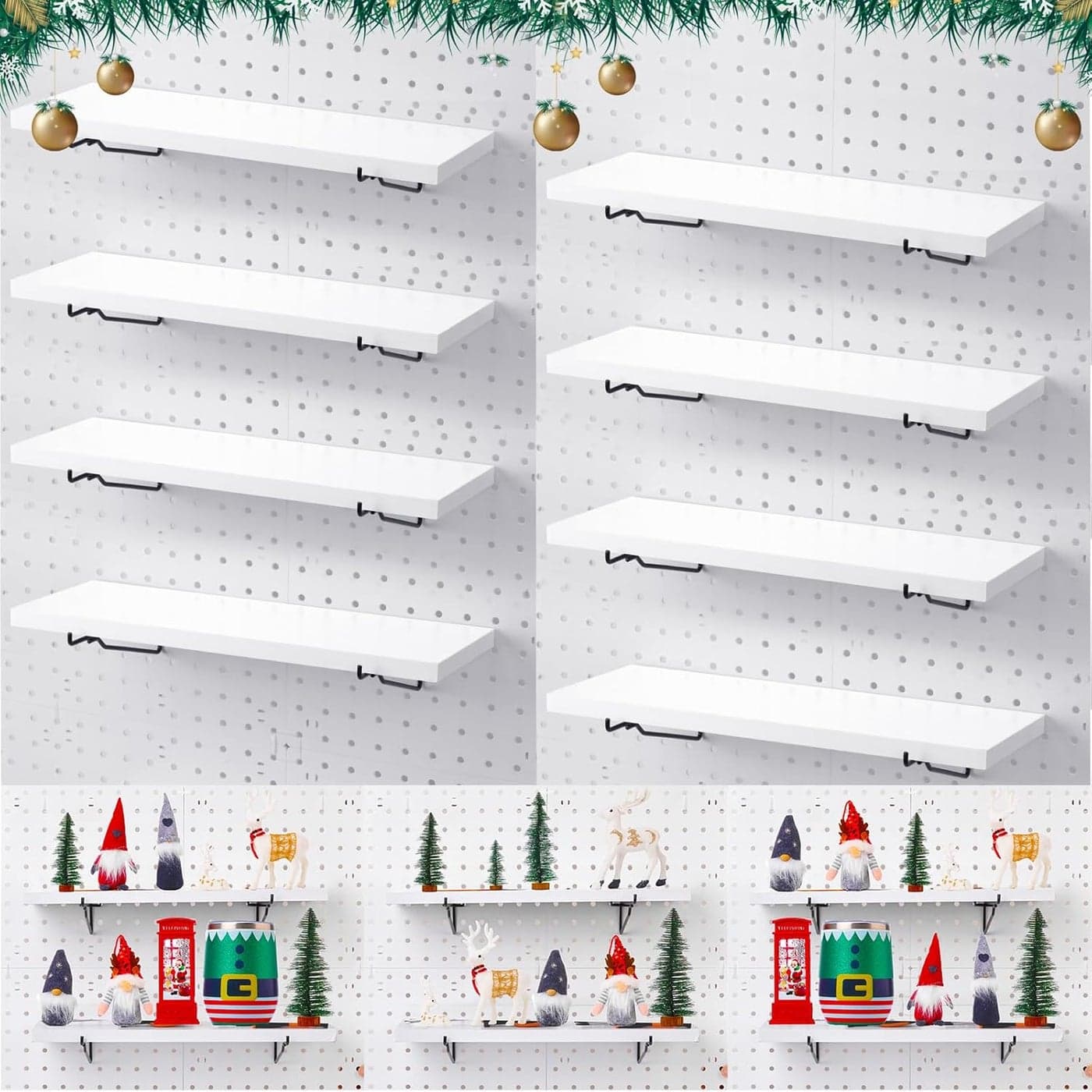 Qunclay 8 Pack Pegboard Shelf Set Wooden Shelves with Metal Brackets Hook Wall Pegboard Shelving Heavy Duty Accessories for Crafts Home Office Garage WorkbenchWhite