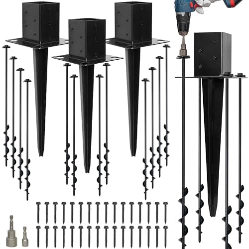 LADECH Set of 4 4x4 Fence Post Anchor Ground Spike 24” Length with Ground Anchors Screw in - Metal Black Powder Coated – Mailbox Post Anchors – Fit 3.5x3.5 Square