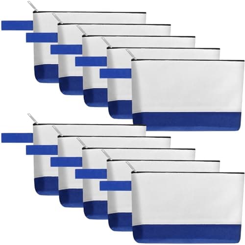 Sinzip 10 Pieces Cotton Canvas Makeup Bag with Bottom and Strap MultiPurpose Cosmetic Bag with Zipper Travel Toiletry Pouch Blank DIY Craft Bag WhiteBlue XS