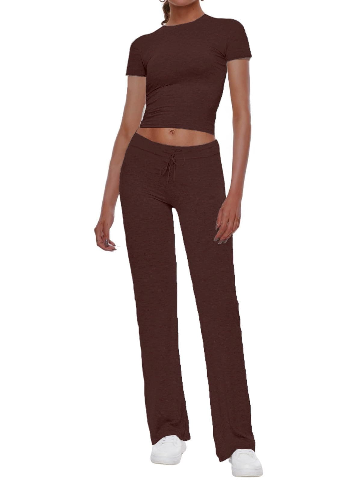 AnotherChill Women's 2 Piece Lounge Sets Straight Leg Pants Set Short Sleeve Crop T-shirt Casual Outfits Comfy Loungewear (Chocolate, Medium)