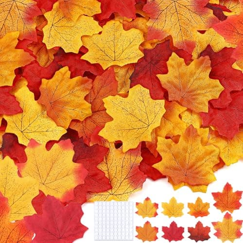 Gushu 300 Piece Fall Leaves Set 7 Colors Artificial Autumn Maple Leaf Decor with 100 Glue Dots Perfect for Wreath and Bouquet Making, Weddings, Halloween, Thanksgiving Decoration