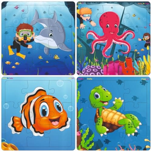 Fiddlys Wooden Jigsaw Puzzles for Kids & Children – 9 Pieces Each, Pack of 4|Double Layered Front & Back Print| Educational Toy for Boys & Girls Age 2 3 4 5 6 Year Old (Sea, Pack of 4)