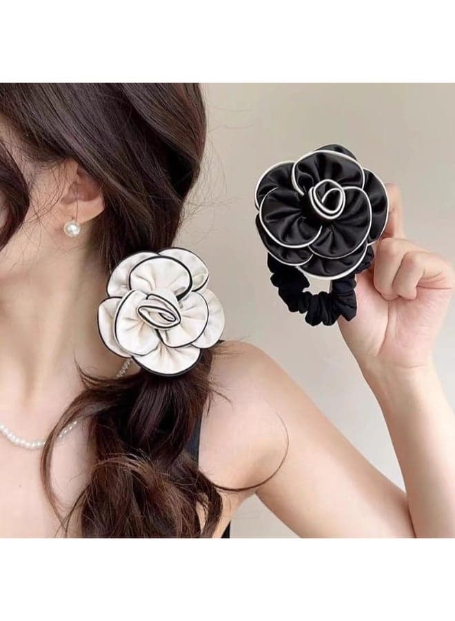 TUCEWP Scrunchies for Women Girls 2Pcs White Black Flower Scrunchies for Long Thick Hair Bandana Scrunchie Soft Satin Hair Bands French Ponytail Holders Elastic Hair Ties Vintage Hair Accessories