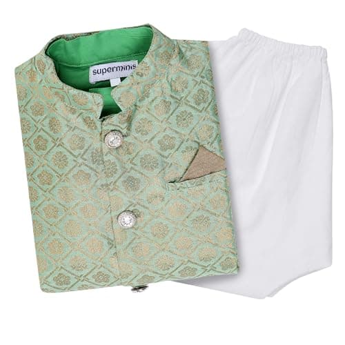 superminis Boy's Cottton Kurta With Golden Thread Work Nehru Jacket and Elastic Closure Pyjama Set (4-5 Years, Green)