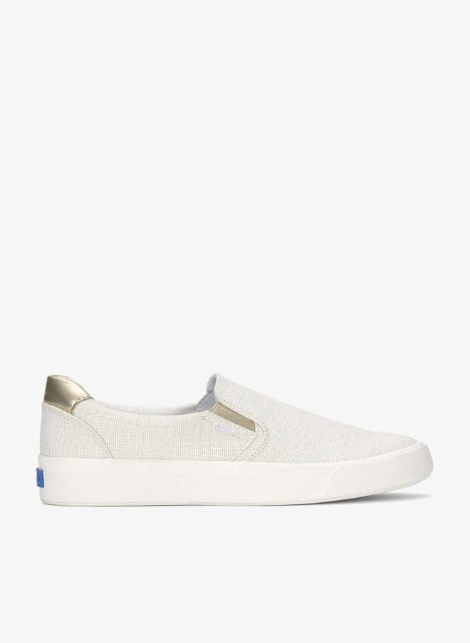 Keds Women's Pursuit Lurex Linen Slip-On Sneaker – Shimmer Detail, Breathable Casual Shoe White