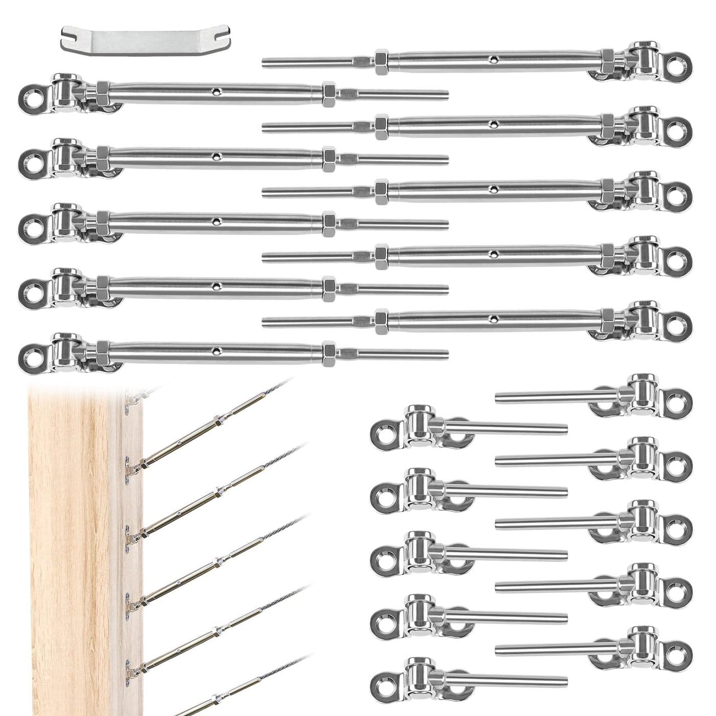 Muzata 10 Pairs 1/8" Cable Railing Hardware Kit Swage Toggle Turnbuckle for Wood Post T316 Stainless Steel Deck Cable Railing System Angle 180° Adjustable Stairs 20 Pack CK07