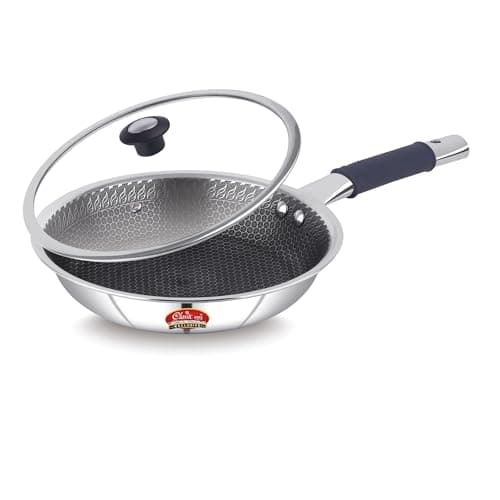 Classic Steels Hexa Comb Triply Frypan with Glass Lid - 1.5 LTR (22cm) | Stainless Steel Non-Stick Fry Pan | Induction & Gas Compatible | 2.5mm Thickness | Durable Stay Cool Silicon Handle