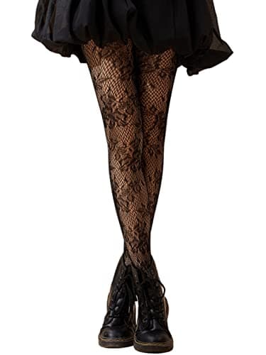 SHENHE Women's Patterned Fishnet Tights High Waist Pantyhose Floral Stockings Black One Size