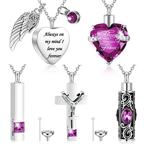 Fumete 5 Pcs Urn Necklace for Ashes Cremation Jewelry Necklace Set for Ashes Memorial Keepsake Heart Cross Cubic Stainless Steel Urn Jewelry for Loved One or Pet Women Men 5 StylesPurple
