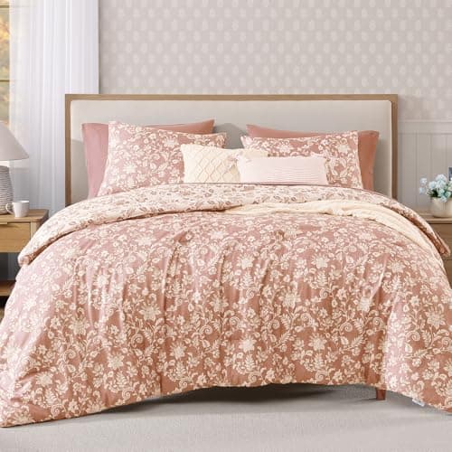BLOOMHAVEN Queen Comforter Set -7 Pieces Clay Pink Floral Comforter Set for All Seasons, Bed in a Bag Queen with Botanical Flowers Comforter, Sheets, Pillowcases & Shams