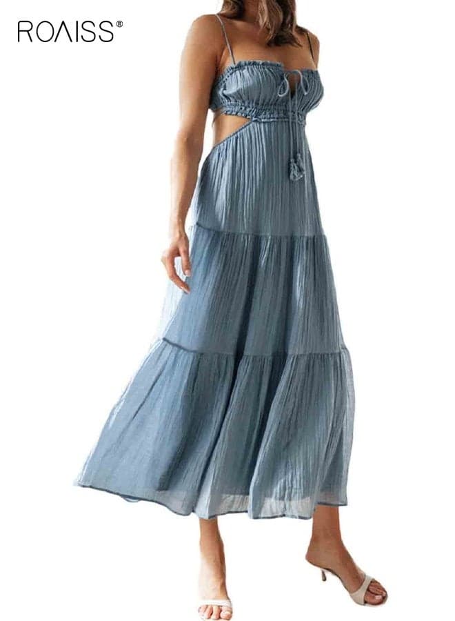 Women's Summer Boho Cutout Maxi Dress Sleeveless Tiered Ruched Boho Cami Dress Flowy Tie Back Beach Sundress, Long Suspender Dress for Ladies Girls Blue