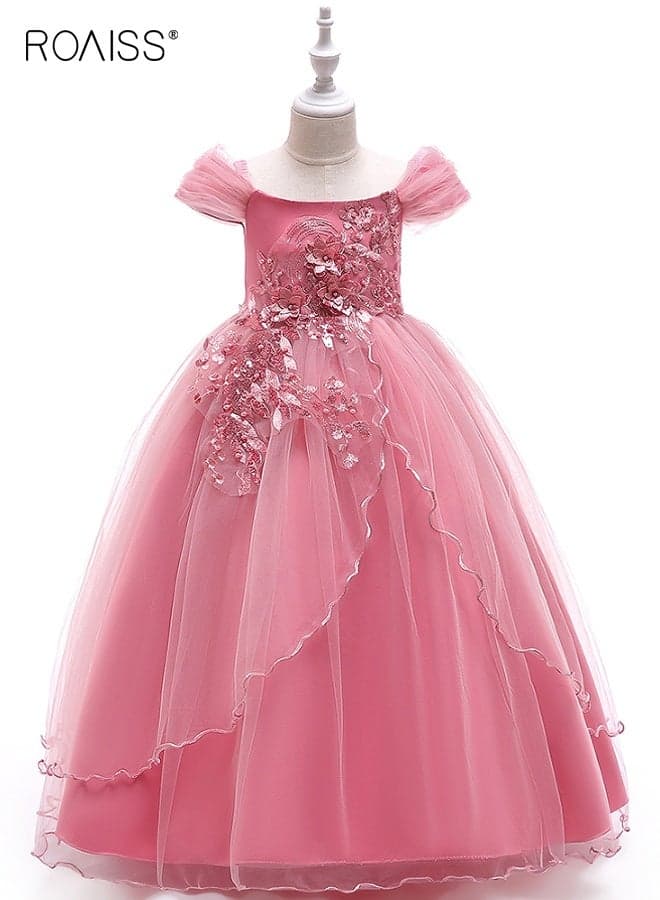 Girls Princess Dress with Back Zipper and Bow, Vintage Off The Shoulder Dress, Embroidery Strapless Pageant Dress, Gorgeous Prom Ball Gown, Suit for Wedding, Daily Wear and Special Occasion Pink