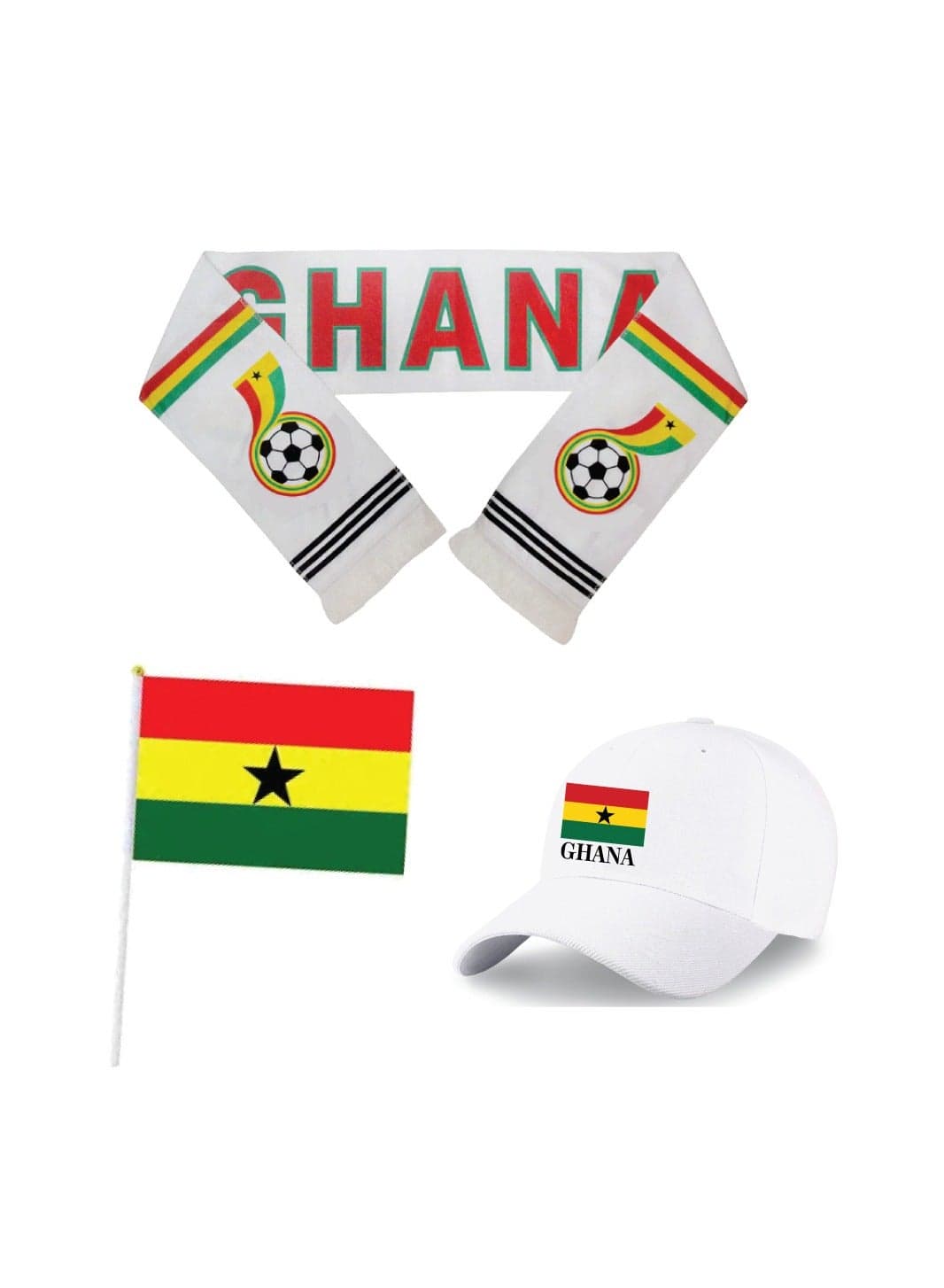 Ghana Sports Combo Pack - Gifts for Sports Fan - Cap - Scarf - Flag - Flag Pin - Drawstring Bag