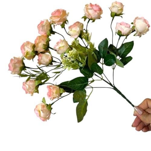 Garden Art Artificial Small Rose Flower Bunch (Pack of 1) | 5 Heads with 15 Flowers & Buds, 35 cm Faux Rose Bouquet for Home Decor, Wedding & Table Decoration (White Shaded)