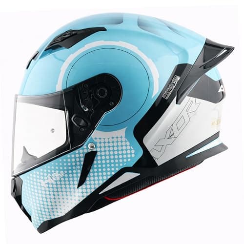 Axor Hunter Spear ISI ECE and DOT Certified Gloss Finish Full Face Helmet for Men with Pinlock Fitted Clear Visor-Hex Blue White-XL