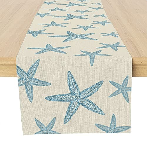 Blue Starfish Table Runner,Nautical Beach Table Runner Decor for Dinning Room Kitchen Ocean Sea Decorations for Holiday Party, Housewarming Gifts for Women Friends Couple, 13X72Inches