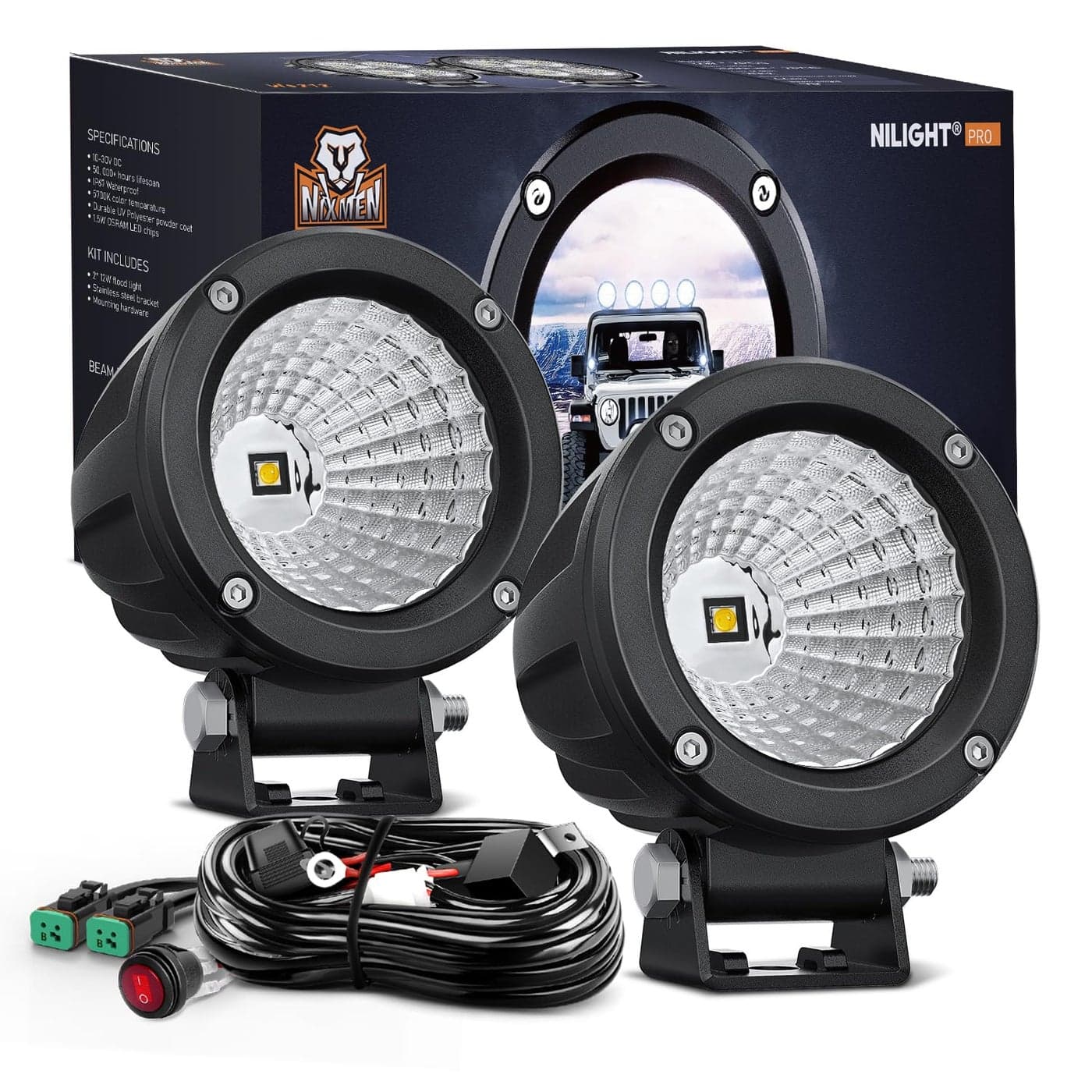 Nilight LED Light Pods 2 PCS 3 Flood Round Offroad Fog Driving Auxiliary Lights 1080LM Builtin EMC w18AWG DT Wiring Harness Kit for Motorcycle SUV ATV Truck Boat