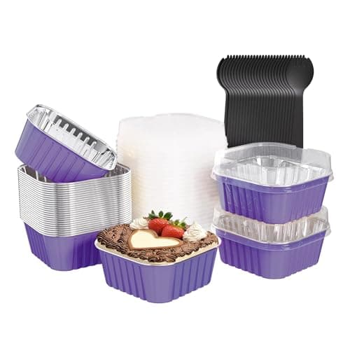 Ksmxos 25 Pack Square Mini Cake Pans with Lids,Mini Loaf Pans with Lids,Aluminum Foil Baking Cups,Disposable Ramekins Cupcake Cups,Dessert Cups for Wedding Birthday Party Picnics,5oz (Purple)