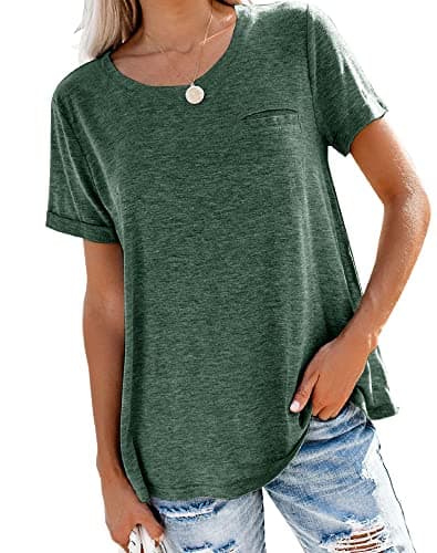 Bingerlily Women's Roll Up Short Sleeve T Shirts Summer Crew Neck Tops Loose Causal Tees with Pocket Green