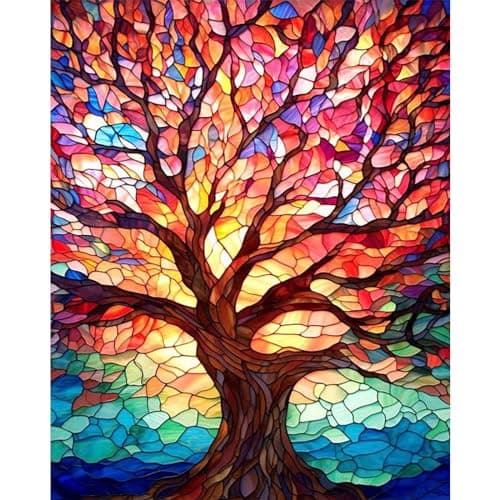 xackcme Tree Paint by Numbers for Adults - Stained Glass Paint by Number on Canvas Without Frame, DIY Trees Oil Painting for Gift Home Wall Decor (16x20 inch)