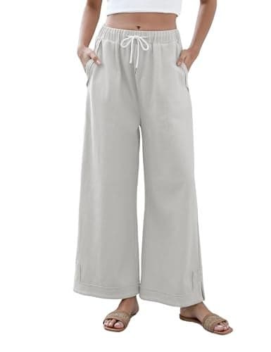 Athlisan Womens Baggy Wide Leg Palazzo Pants Casual Loose Drawstring Elastic Waisted Lounge Trousers with Pockets(White-XL)