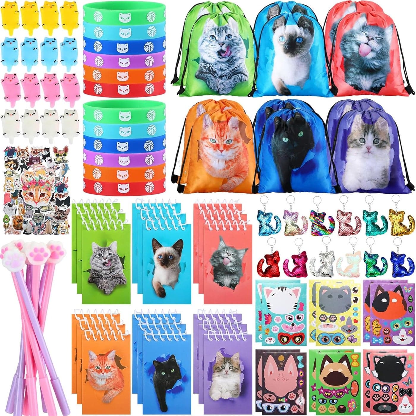 Jerify 91 Pcs Cat Birthday Party Favors Decoration Cat Party favor bags Fillers Drawstring Backpack Bracelets Squeeze Kids Toys Party Supplies for Gift Reward PrizesNovelty Style
